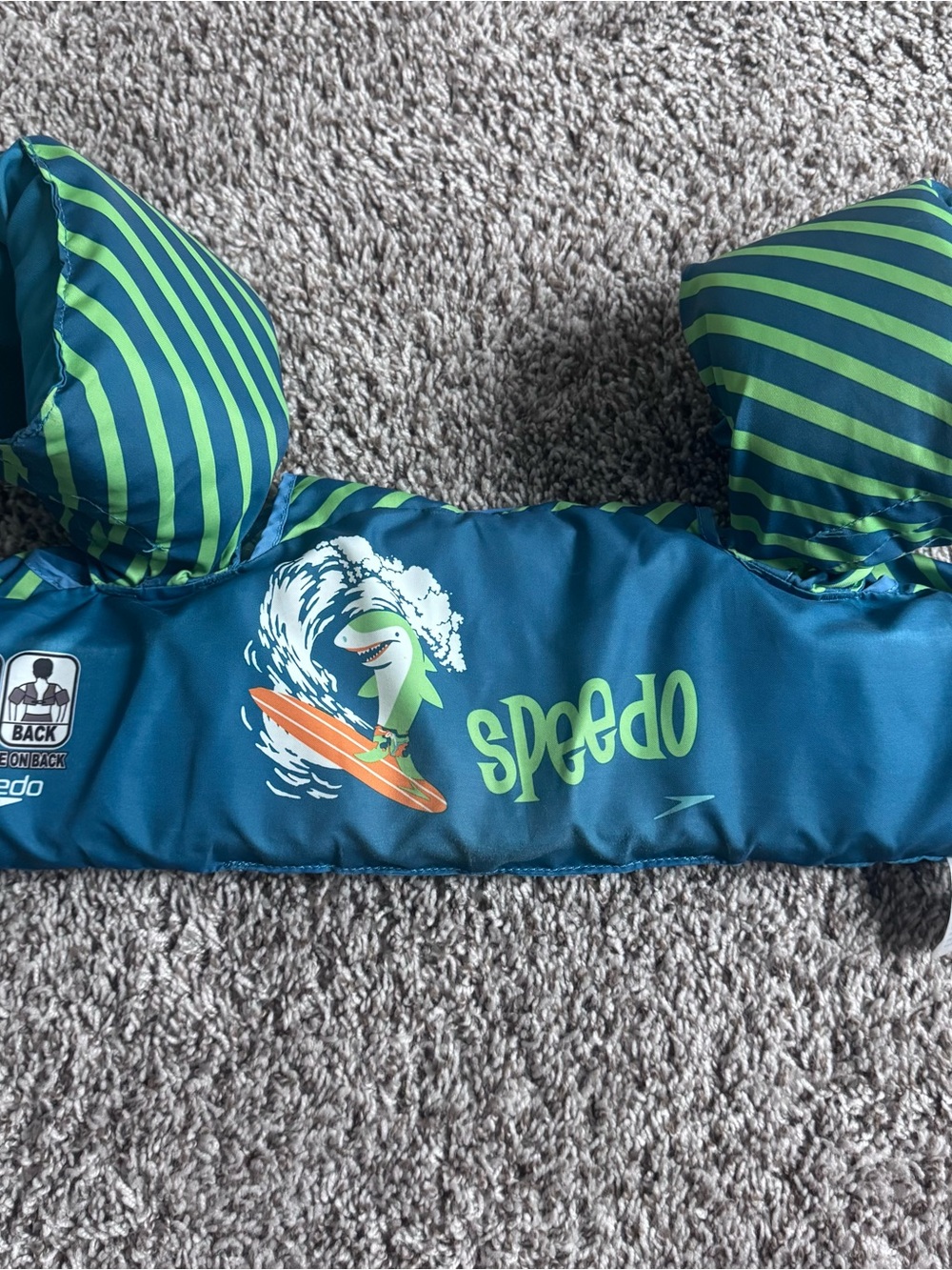 Speedo Teal Swim Vest with Lime Green Stripes and Surf Shark Graphic